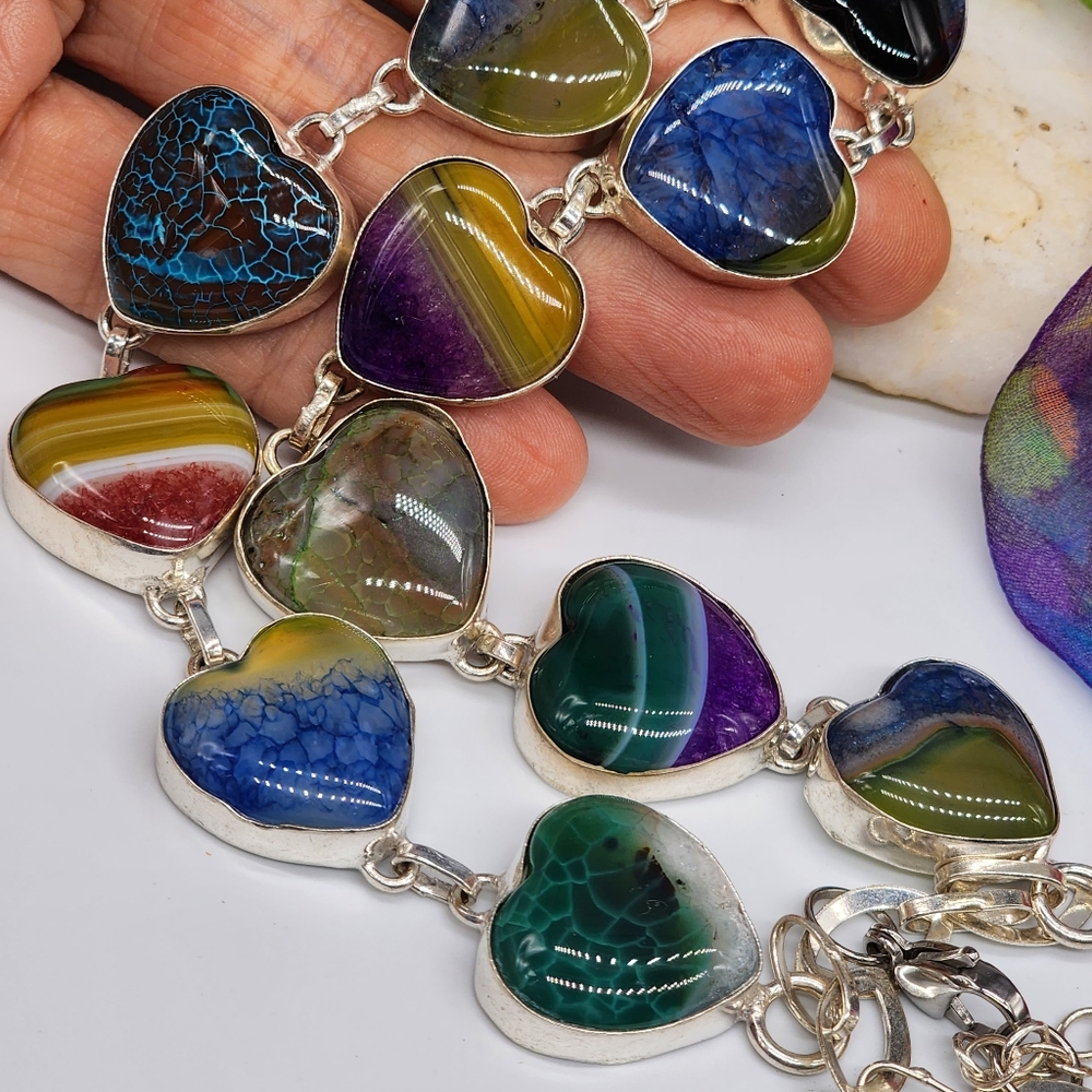 Vintage Jewelry Sterling Silver 925 Necklace Genuine Agate Stones Heart - Picture 13 of 15